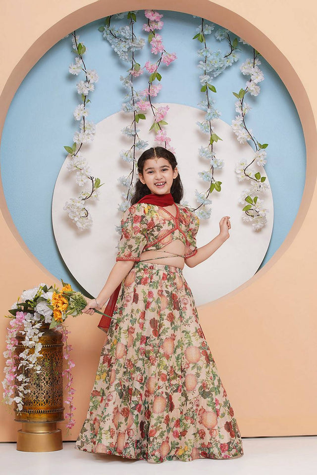 Girl's Beige Floral Printed Silk Lehenga