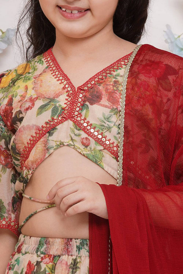 Girl's Beige Floral Printed Silk Lehenga