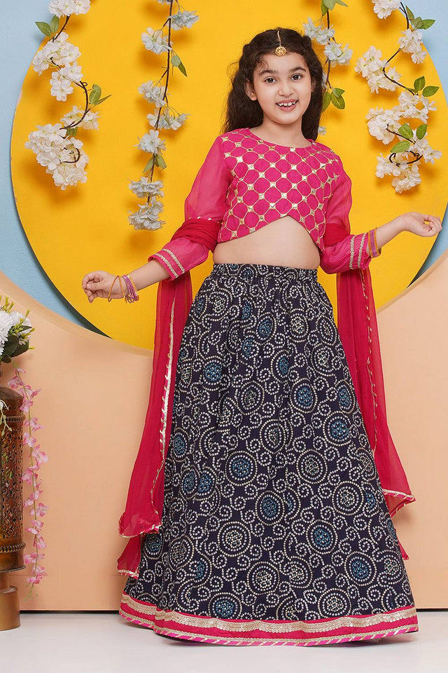 Girl's Navy Blue Bandhani Printed Silk Lehenga