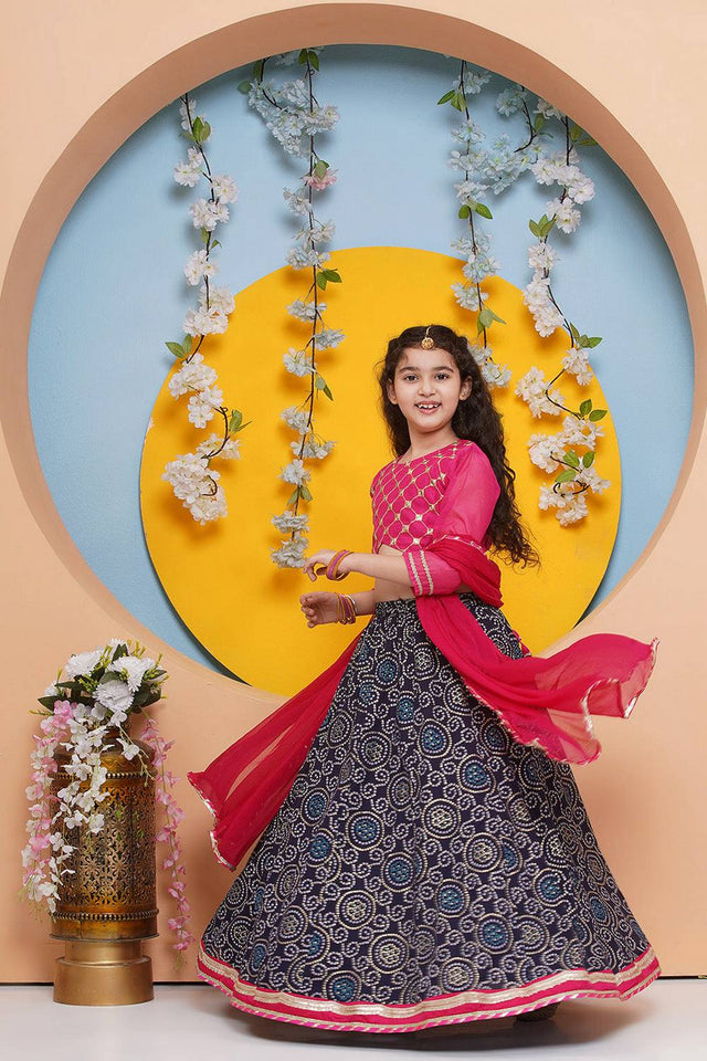 Girl's Navy Blue Bandhani Printed Silk Lehenga