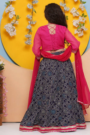 Girl's Navy Blue Bandhani Printed Silk Lehenga