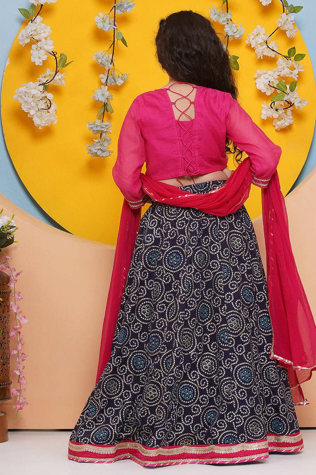 Girl's Navy Blue Bandhani Printed Silk Lehenga