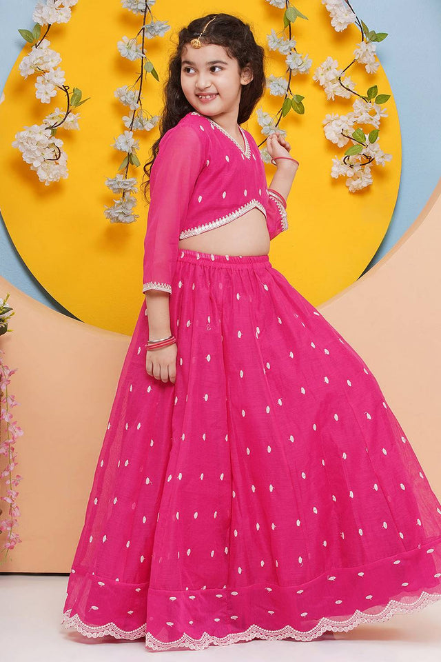 Girl's Pink Embroidered Silk Lehenga