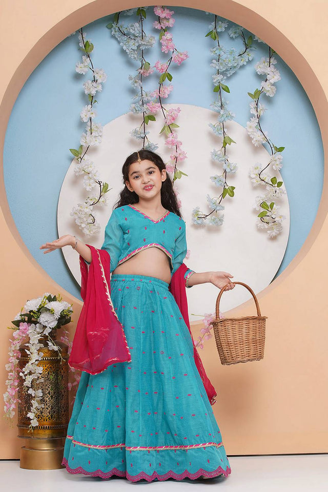 Girl's Blue Embroidered Silk Lehenga