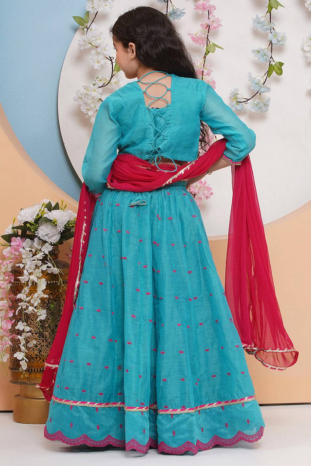 Girl's Blue Embroidered Silk Lehenga