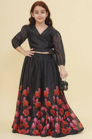 Girl's Black Digital Printed Silk Lehenga