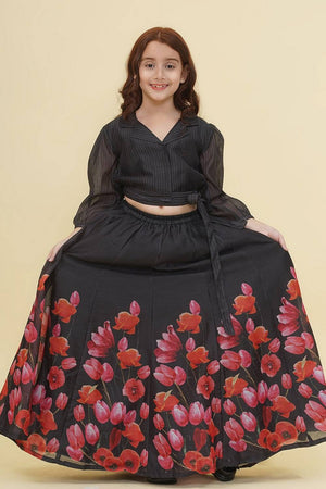 Girl's Black Digital Printed Silk Lehenga