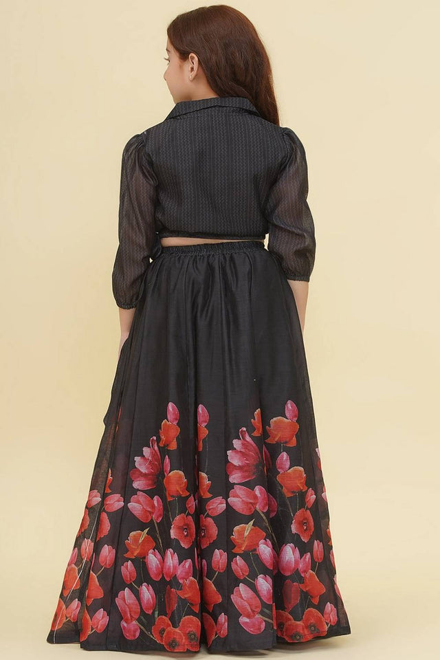 Girl's Black Digital Printed Silk Lehenga