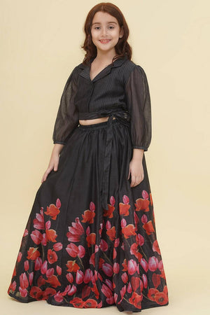 Girl's Black Digital Printed Silk Lehenga