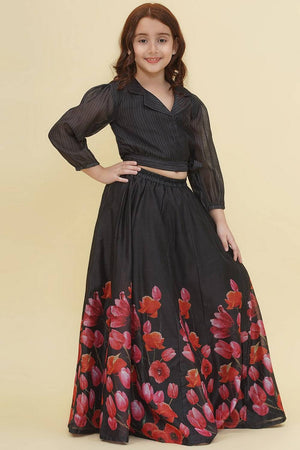 Girl's Black Digital Printed Silk Lehenga