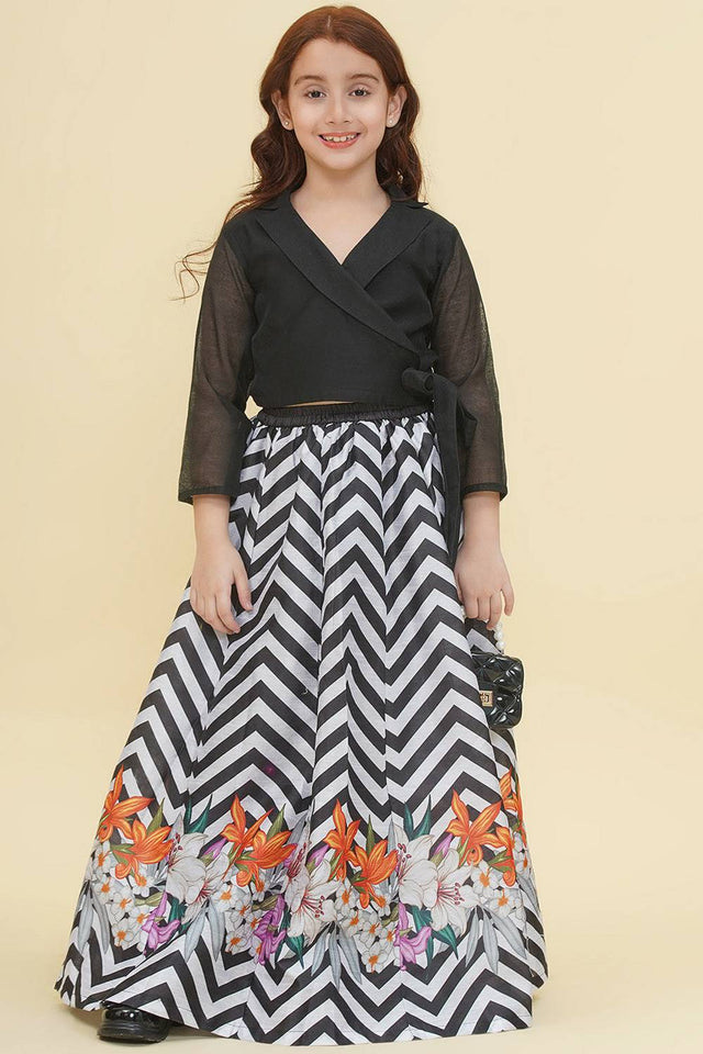 Girl's Black Digital Printed Silk Lehenga
