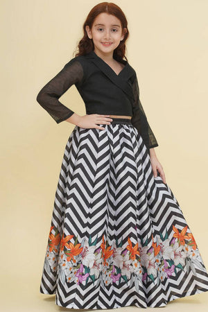 Girl's Black Digital Printed Silk Lehenga