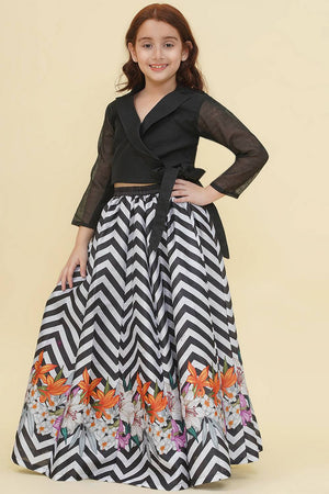 Girl's Black Digital Printed Silk Lehenga