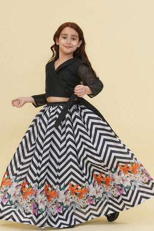 Girl's Black Digital Printed Silk Lehenga