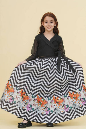 Girl's Black Digital Printed Silk Lehenga
