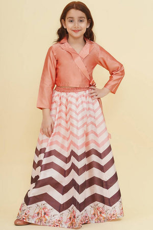 Girl's Peach Zig Zag Printed Silk Lehenga