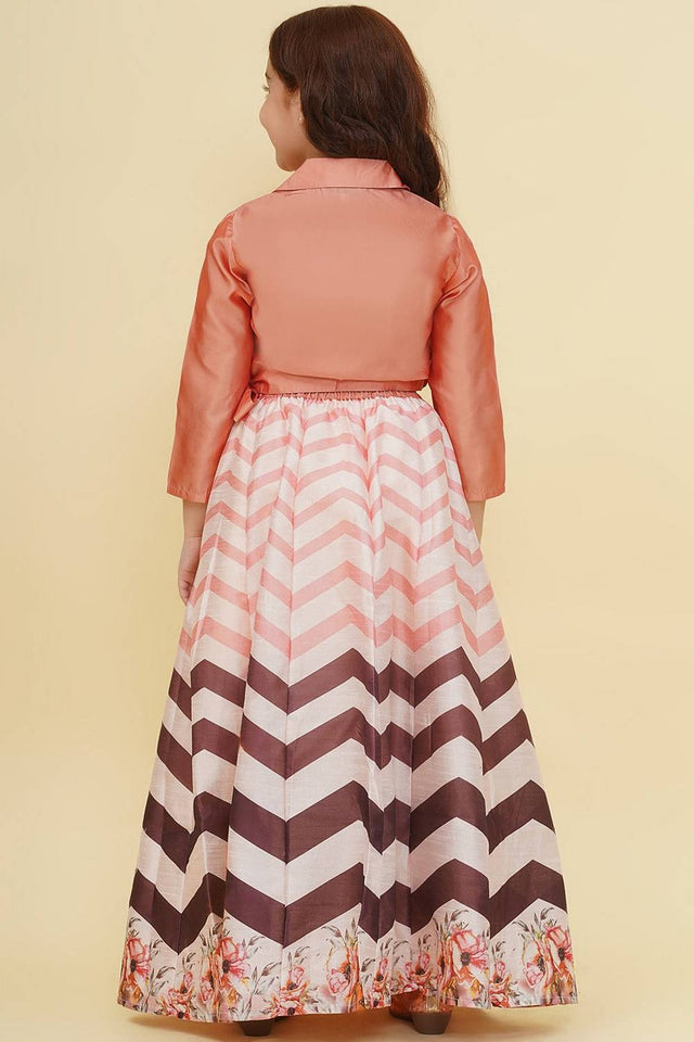 Girl's Peach Zig Zag Printed Silk Lehenga