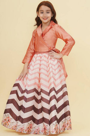 Girl's Peach Zig Zag Printed Silk Lehenga