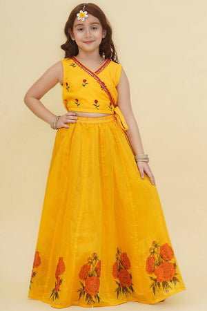 Girl's Yellow Floral Printed Silk Lehenga