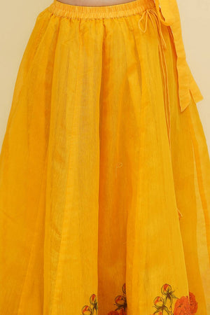 Girl's Yellow Floral Printed Silk Lehenga