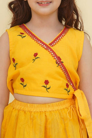 Girl's Yellow Floral Printed Silk Lehenga