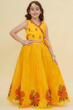 Girl's Yellow Floral Printed Silk Lehenga