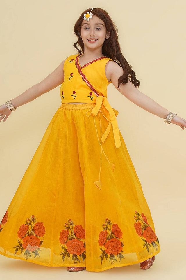 Girl's Yellow Floral Printed Silk Lehenga