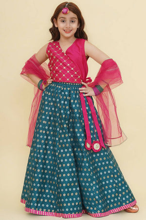Girl's Turquoise Woven Silk Lehenga