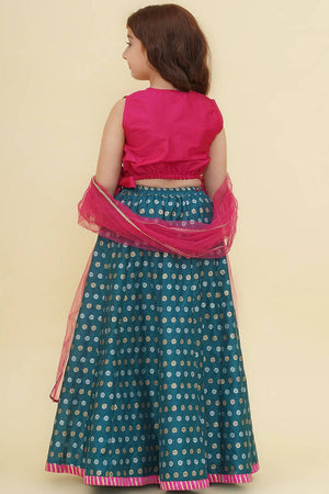 Girl's Turquoise Woven Silk Lehenga