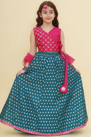 Girl's Turquoise Woven Silk Lehenga