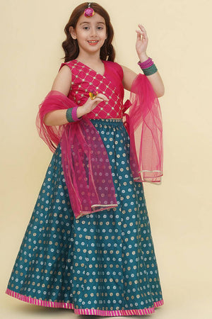 Girl's Turquoise Woven Silk Lehenga