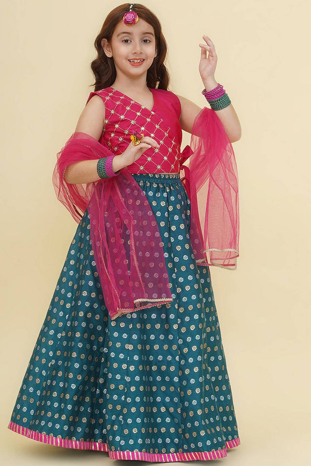 Girl's Turquoise Woven Silk Lehenga