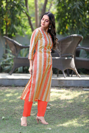 Orange Cotton Round Neck Kurti