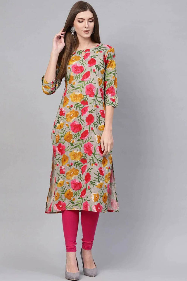 Grey Rayon Printed Straight Kurti
