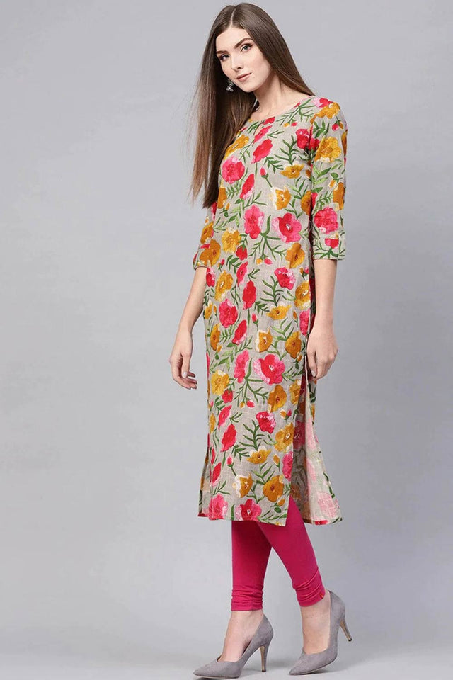 Grey Rayon Printed Straight Kurti