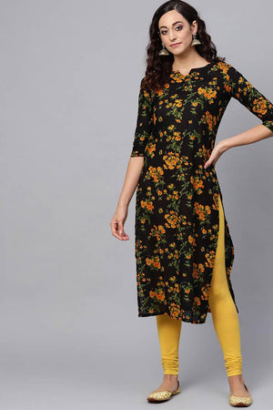 Black Rayon Printed Straight Kurti