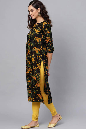 Black Rayon Printed Straight Kurti