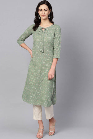 Green Cotton Printed Straight Kurti