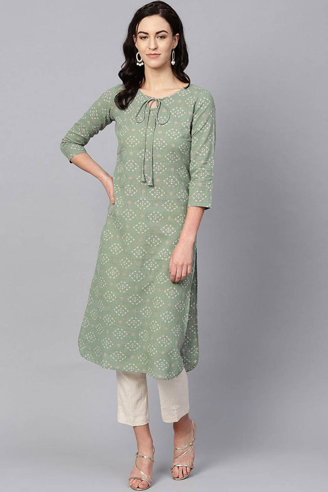 Green Cotton Printed Straight Kurti
