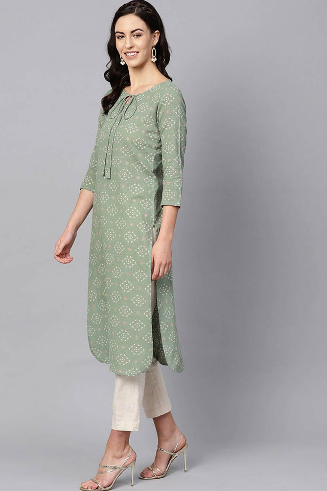 Green Cotton Printed Straight Kurti