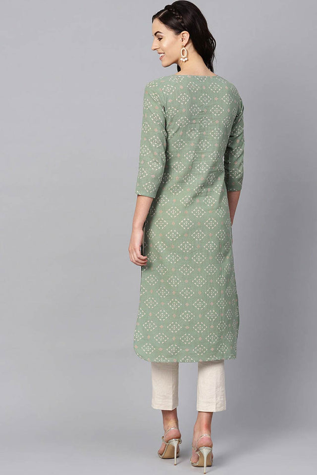 Green Cotton Printed Straight Kurti