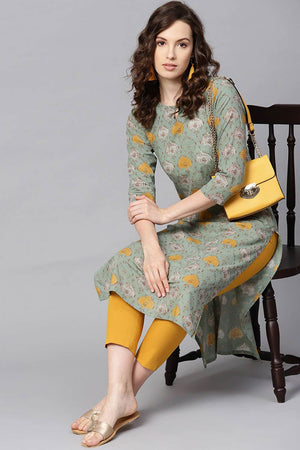 Green Rayon Printed Straight Kurti