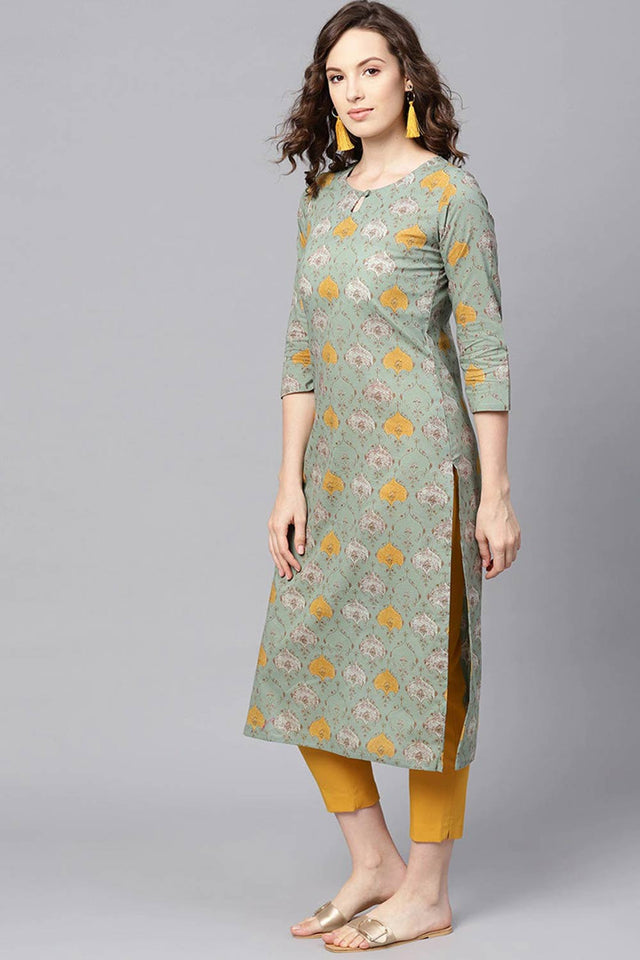 Green Rayon Printed Straight Kurti