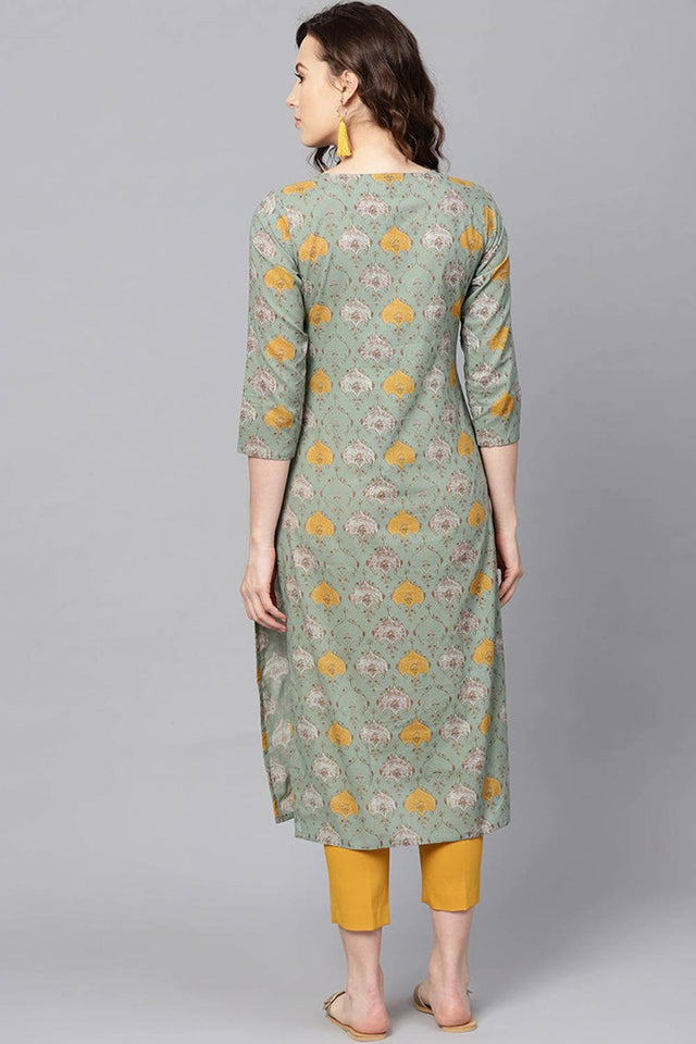 Green Rayon Printed Straight Kurti