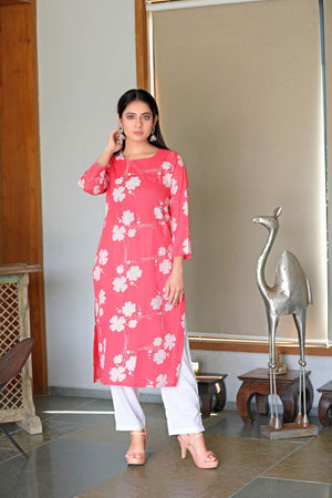 Pink Cotton Printed Straight Kurti