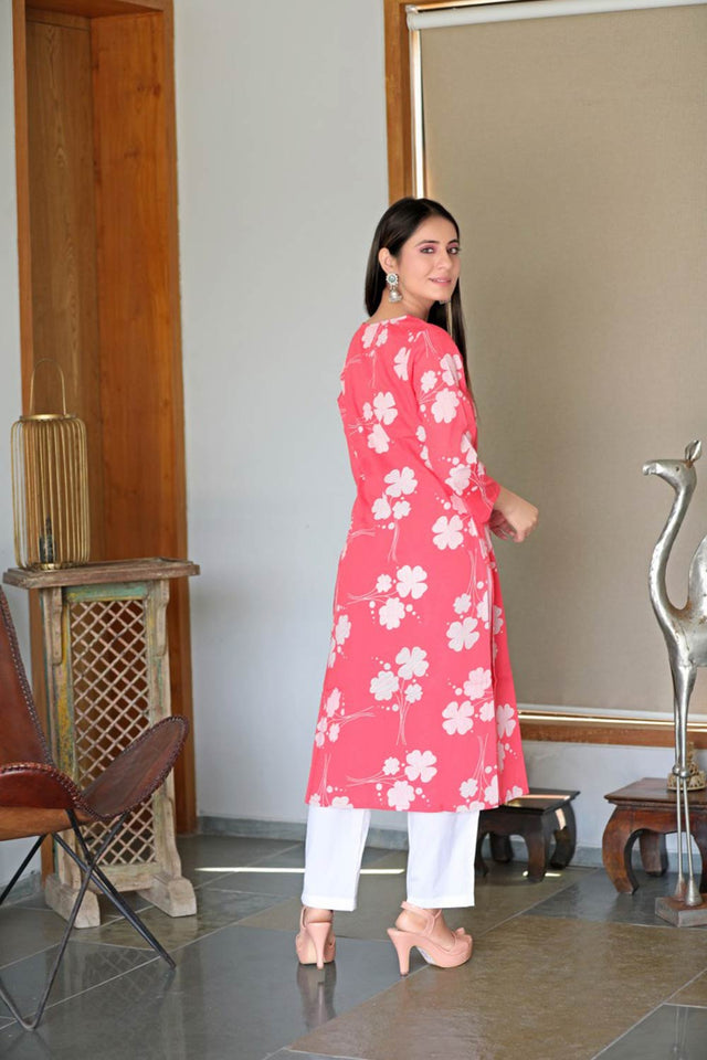 Pink Cotton Printed Straight Kurti