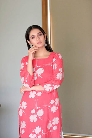 Pink Cotton Printed Straight Kurti