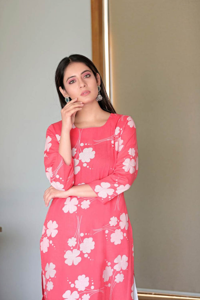 Pink Cotton Printed Straight Kurti