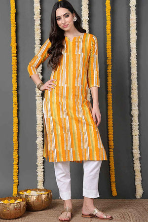 Yellow Cotton Printed Straight Kurti