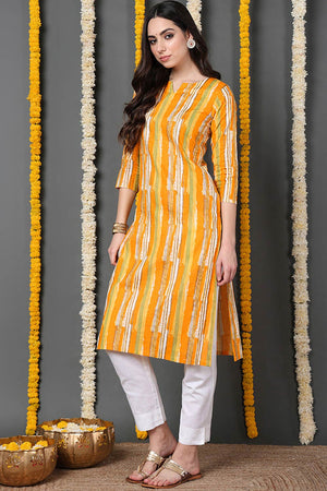 Yellow Cotton Printed Straight Kurti